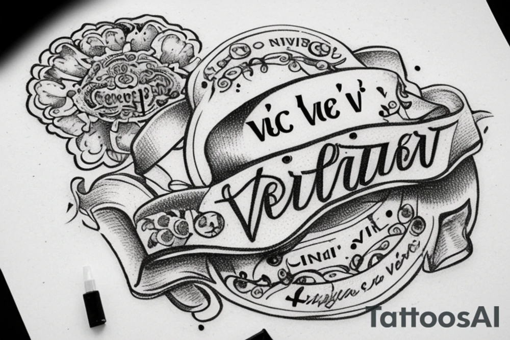 In typewriter font, quote "veni, vidi, vici" with catholic symbols surrounding it tattoo idea