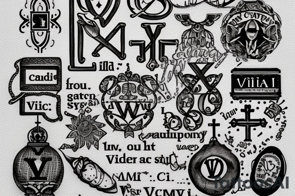 In typewriter font, quote "veni, vidi, vici" with catholic symbols surrounding it tattoo idea