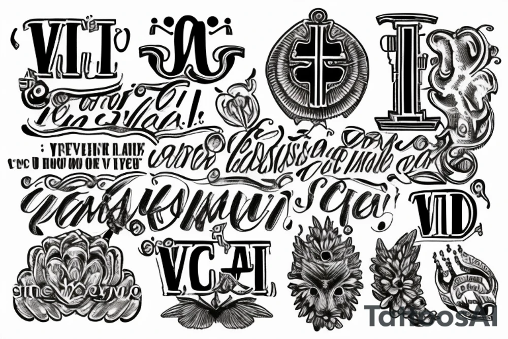In typewriter font, quote "veni, vidi, vici" with catholic symbols surrounding it tattoo idea