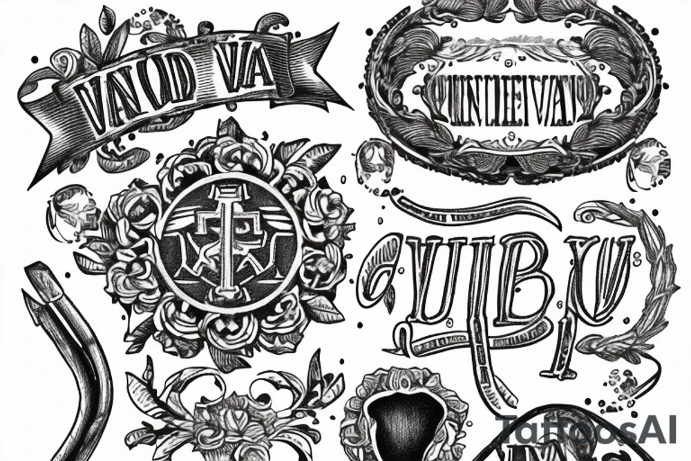 In typewriter font, quote "veni, vidi, vici" with catholic symbols surrounding it tattoo idea