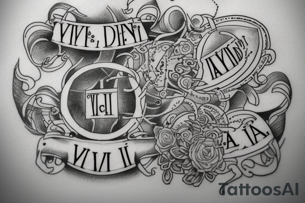 In typewriter font, quote "veni, vidi, vici" with catholic symbols surrounding it tattoo idea