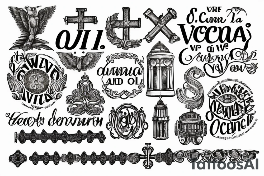 In typewriter font, quote "veni, vidi, vici" with catholic symbols surrounding it tattoo idea