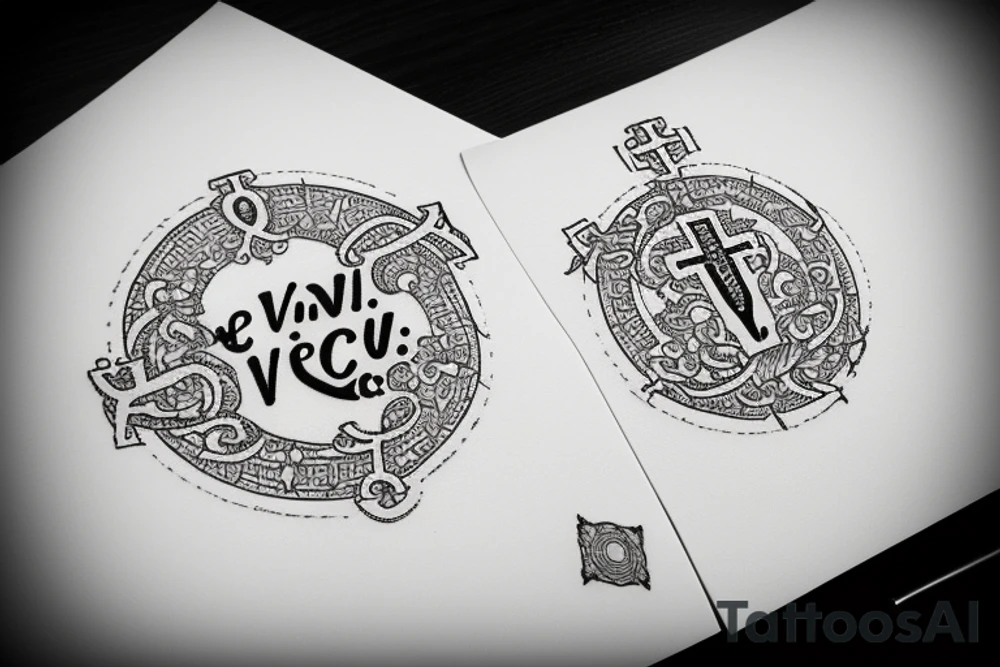 In typewriter font, quote "veni, vidi, vici" with catholic symbols surrounding it tattoo idea
