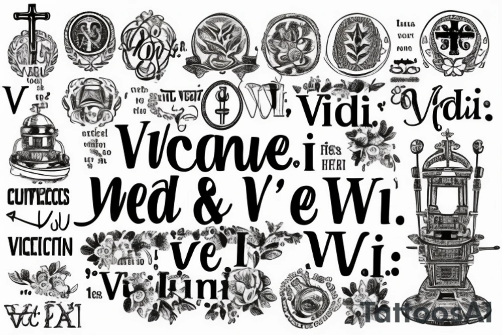 In typewriter font, quote "veni, vidi, vici" with catholic symbols surrounding it tattoo idea