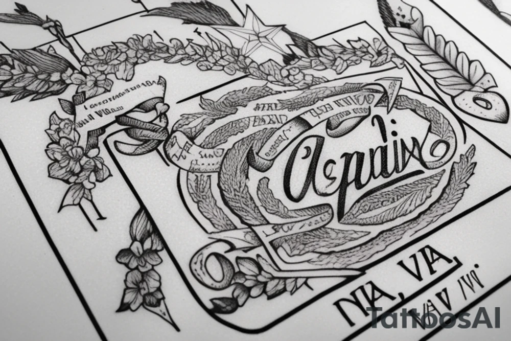 In typewriter font, quote "veni, vidi, vici" with catholic symbols surrounding it tattoo idea