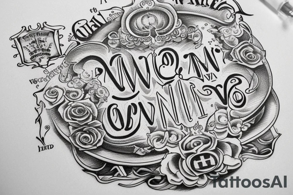 In typewriter font, quote "veni, vidi, vici" with catholic symbols surrounding it tattoo idea