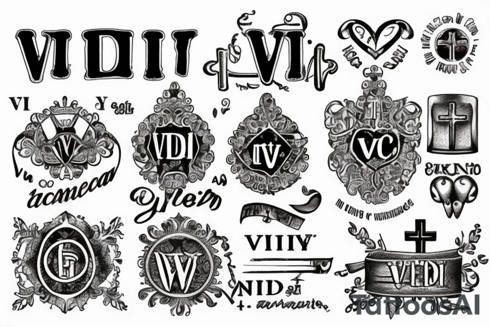 In typewriter font, quote "veni, vidi, vici" with catholic symbols surrounding it tattoo idea