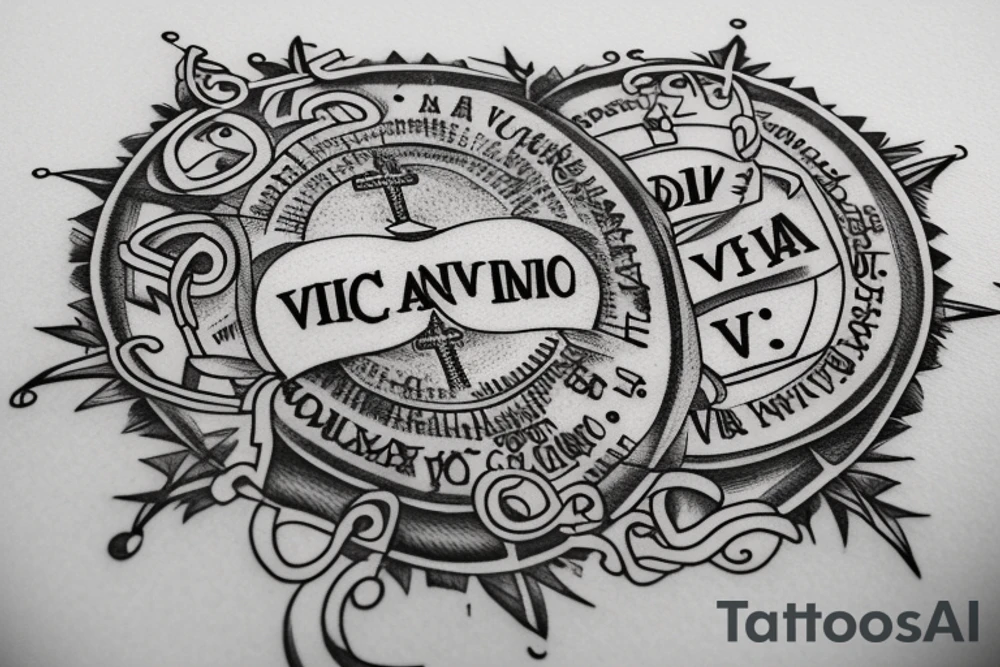In typewriter font, quote "veni, vidi, vici" with catholic symbols surrounding it tattoo idea