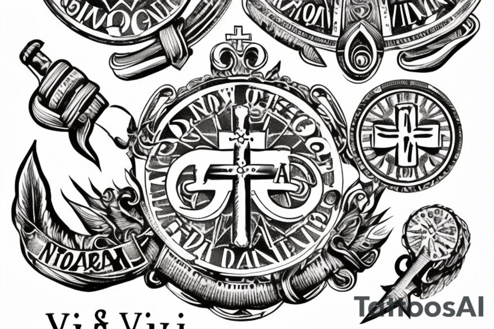 In typewriter font, quote "veni, vidi, vici" with catholic symbols surrounding it tattoo idea