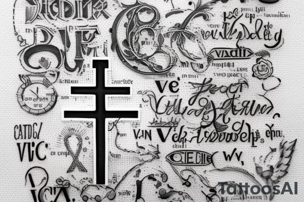 In typewriter font, quote "veni, vidi, vici" with catholic symbols surrounding it tattoo idea