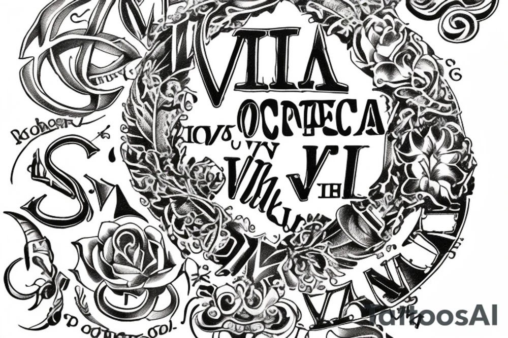 In typewriter font, quote "veni, vidi, vici" with catholic symbols surrounding it tattoo idea