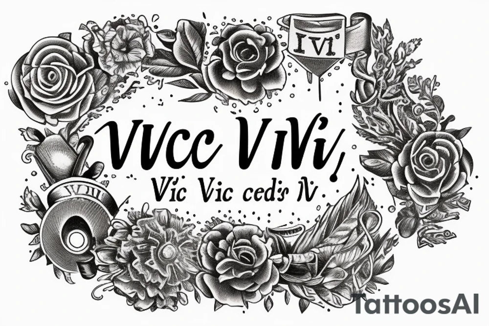 In typewriter font, quote "veni, vidi, vici" with catholic symbols surrounding it tattoo idea