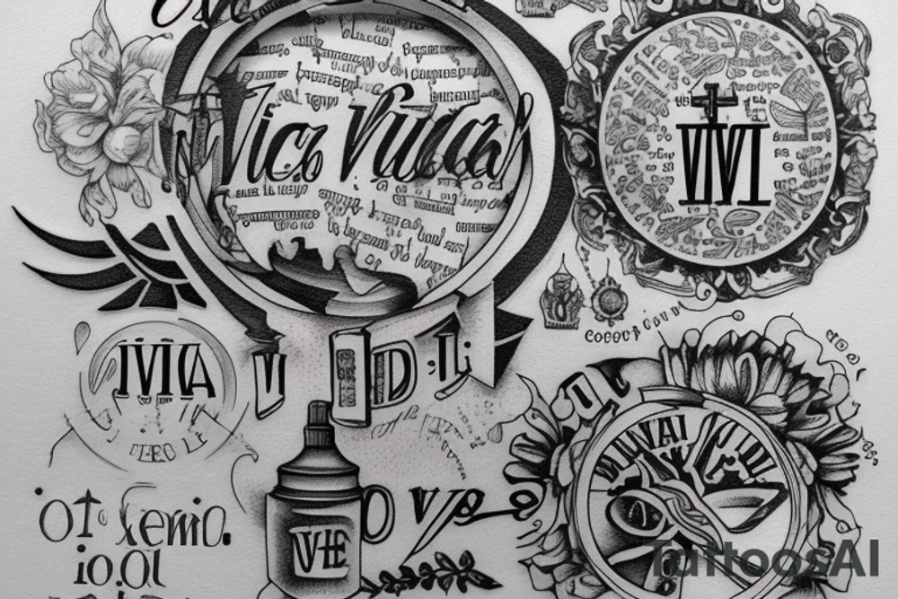 In typewriter font, quote "veni, vidi, vici" with catholic symbols surrounding it tattoo idea