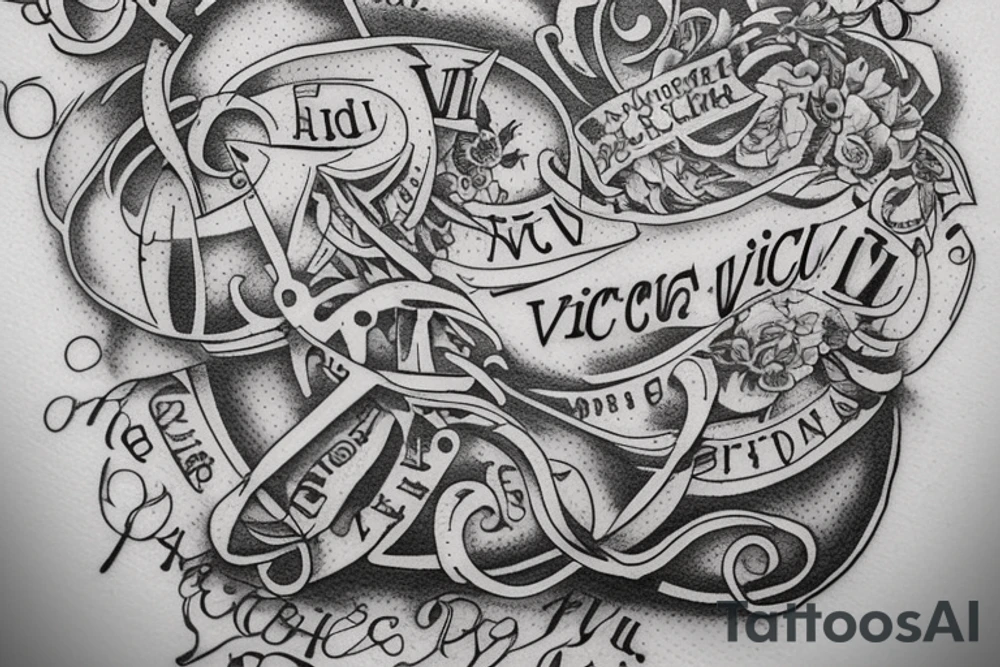 In typewriter font, quote "veni, vidi, vici" with catholic symbols surrounding it tattoo idea