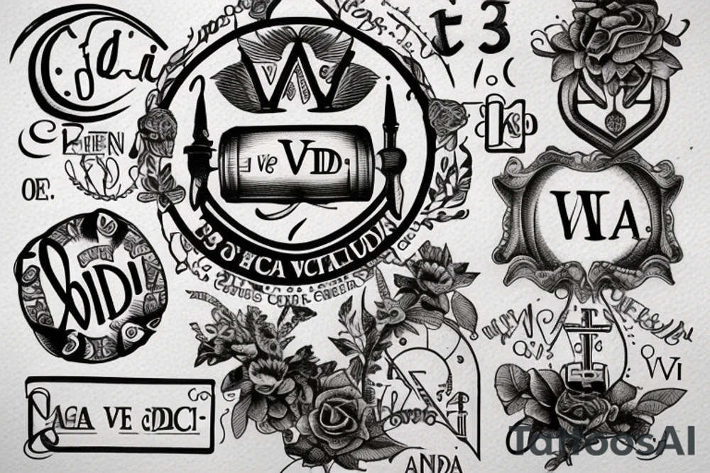 In typewriter font, quote "veni, vidi, vici" with catholic symbols surrounding it tattoo idea