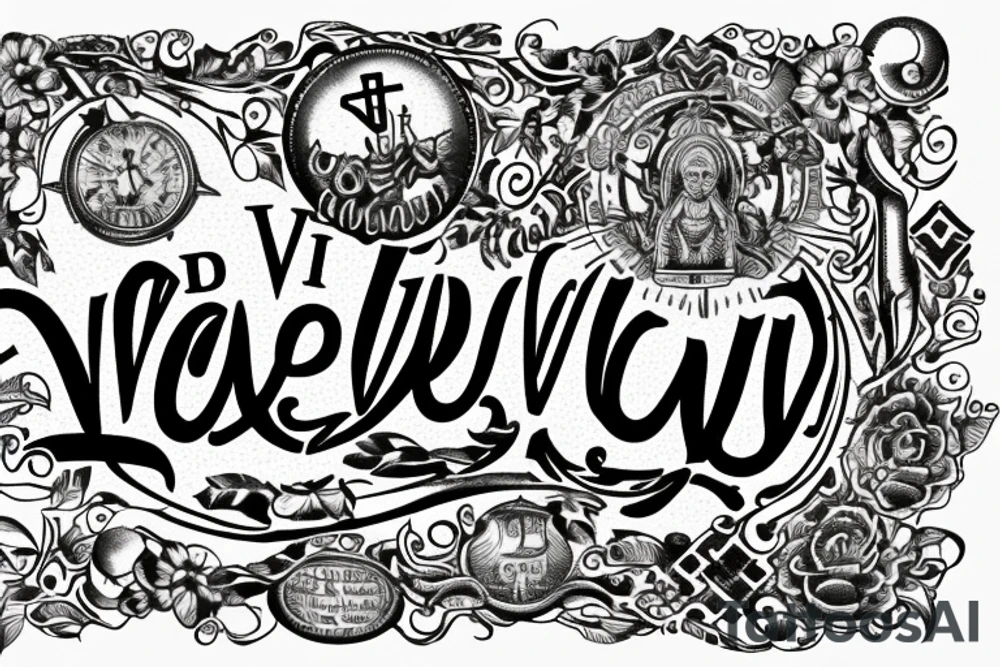In typewriter font, quote "veni, vidi, vici" with catholic symbols surrounding it tattoo idea
