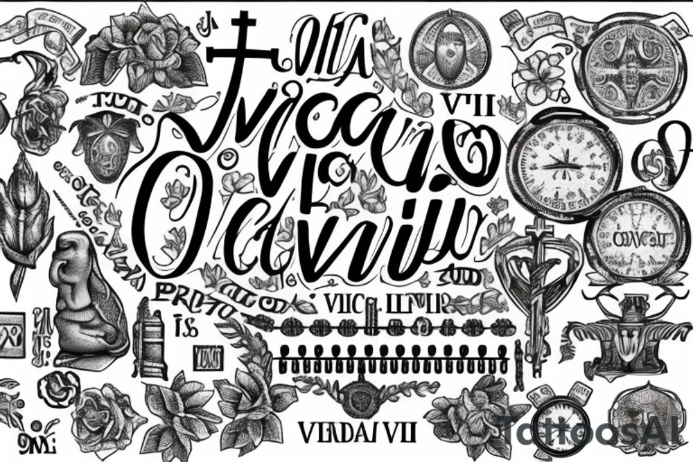 In typewriter font, quote "veni, vidi, vici" with catholic symbols surrounding it tattoo idea