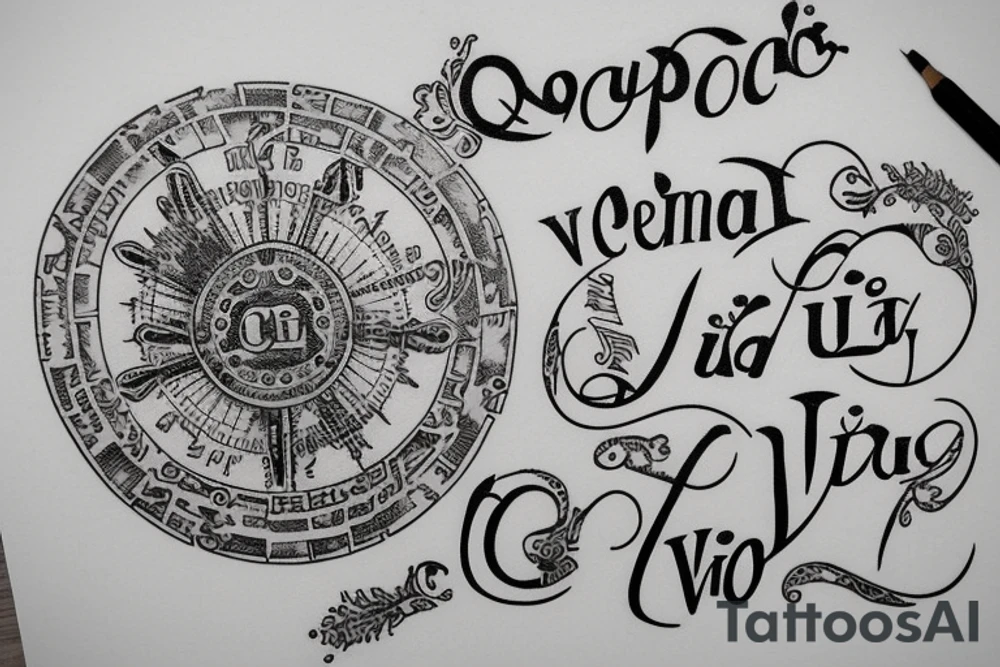 In typewriter font, quote "veni, vidi, vici" with catholic symbols surrounding it tattoo idea