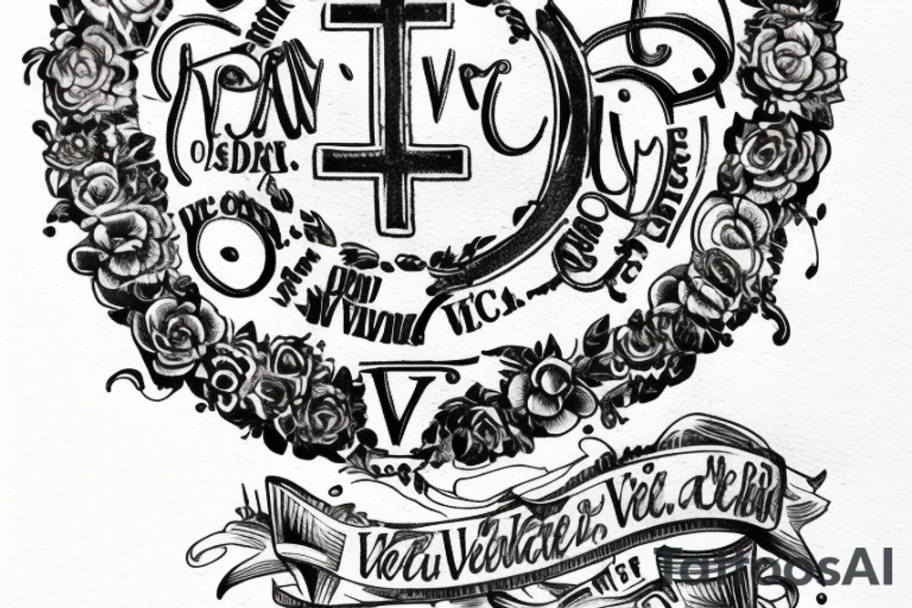 In typewriter font, quote "veni, vidi, vici" with catholic symbols surrounding it tattoo idea
