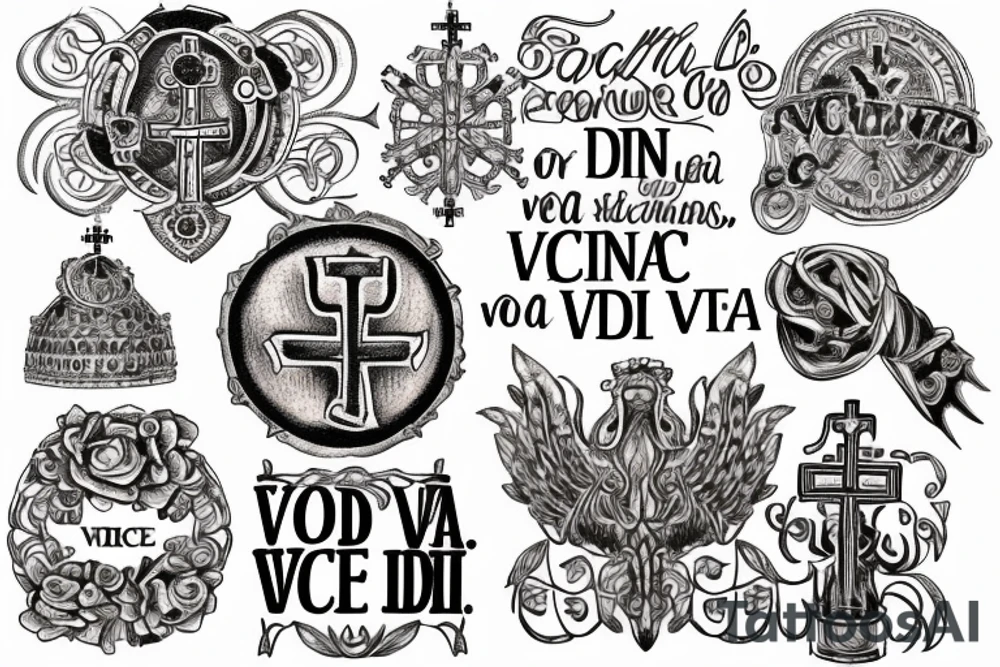 In typewriter font, quote "veni, vidi, vici" with catholic symbols surrounding it tattoo idea