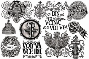 In typewriter font, quote "veni, vidi, vici" with catholic symbols surrounding it tattoo idea