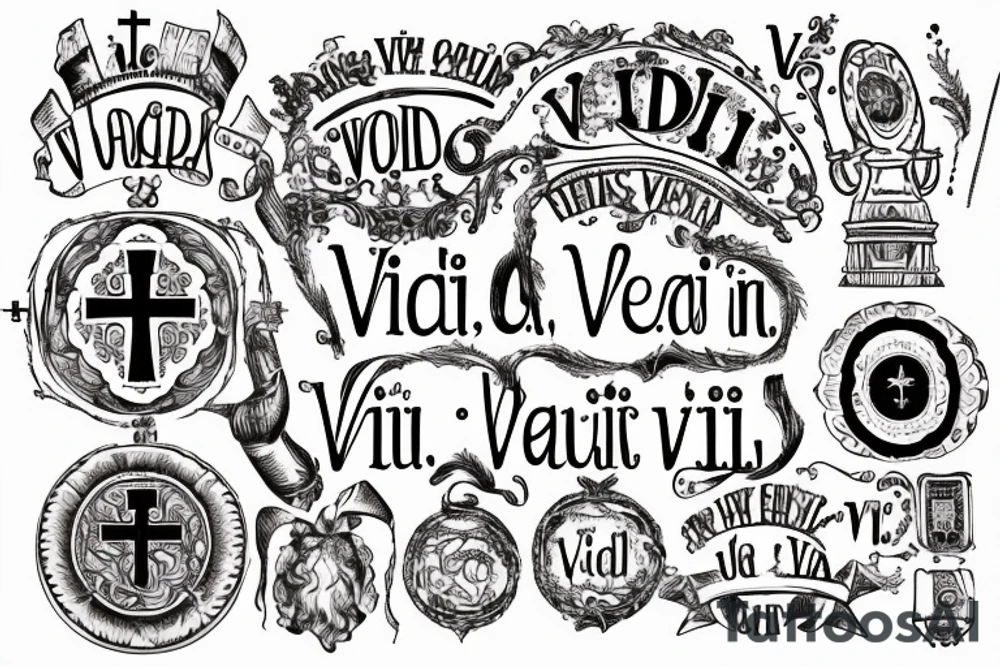 In typewriter font, quote "veni, vidi, vici" with catholic symbols surrounding it tattoo idea