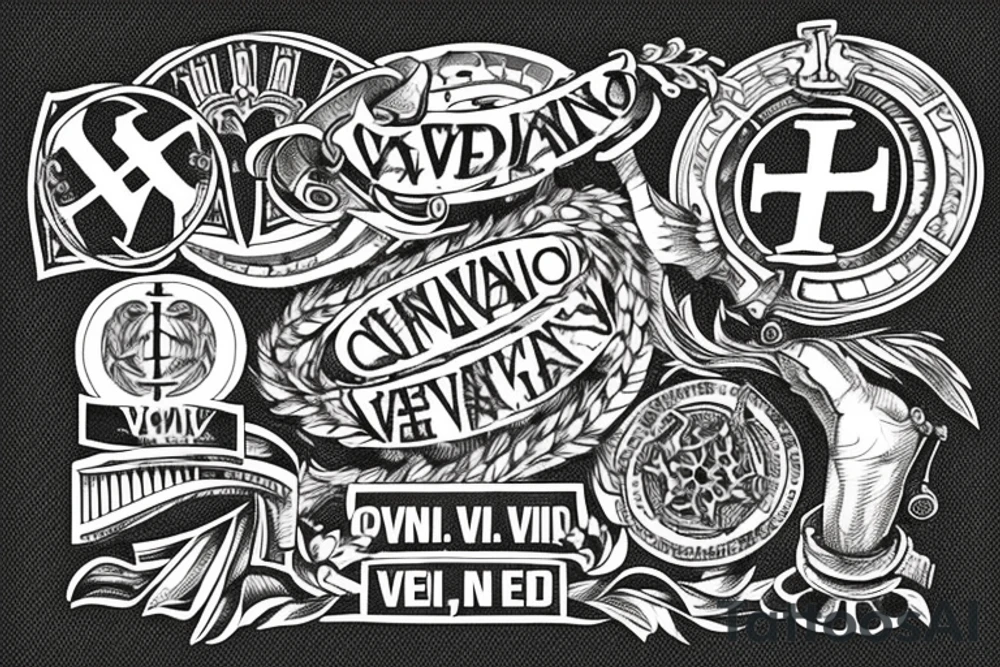 In typewriter font, quote "veni, vidi, vici" with vatican symbols surrounding it tattoo idea