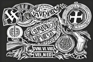 In typewriter font, quote "veni, vidi, vici" with vatican symbols surrounding it tattoo idea