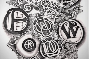 In typewriter font, quote "veni, vidi, vici" with vatican symbols surrounding it tattoo idea