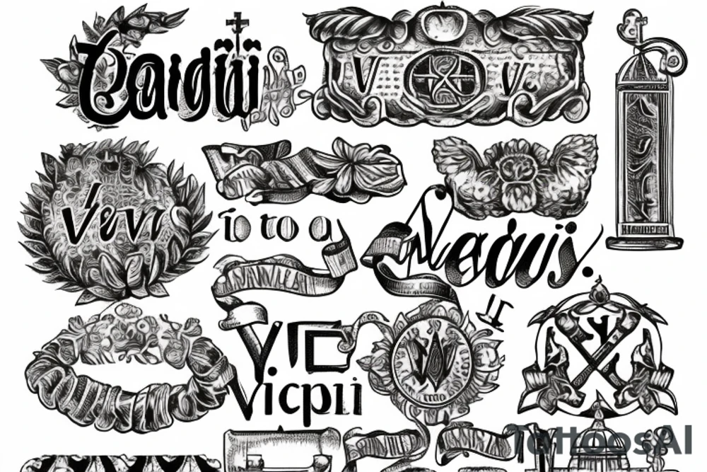 In typewriter font, quote "veni, vidi, vici" with vatican symbols surrounding it tattoo idea