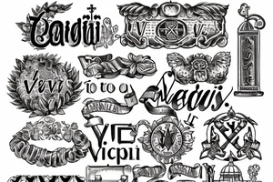 In typewriter font, quote "veni, vidi, vici" with vatican symbols surrounding it tattoo idea