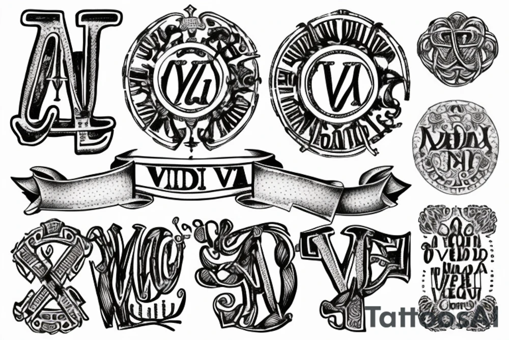 In typewriter font, quote "veni, vidi, vici" with vatican symbols surrounding it tattoo idea