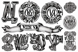 In typewriter font, quote "veni, vidi, vici" with vatican symbols surrounding it tattoo idea