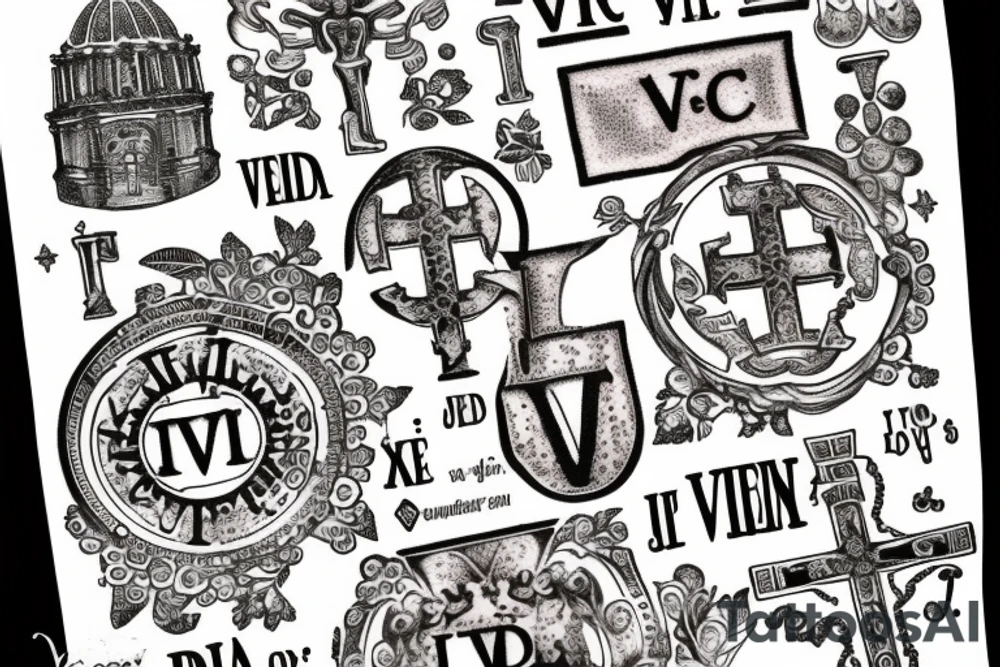 In typewriter font, quote "veni, vidi, vici" with vatican symbols surrounding it tattoo idea