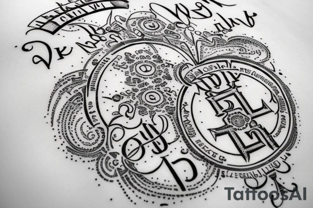 In typewriter font, quote "veni, vidi, vici" with vatican symbols surrounding it tattoo idea