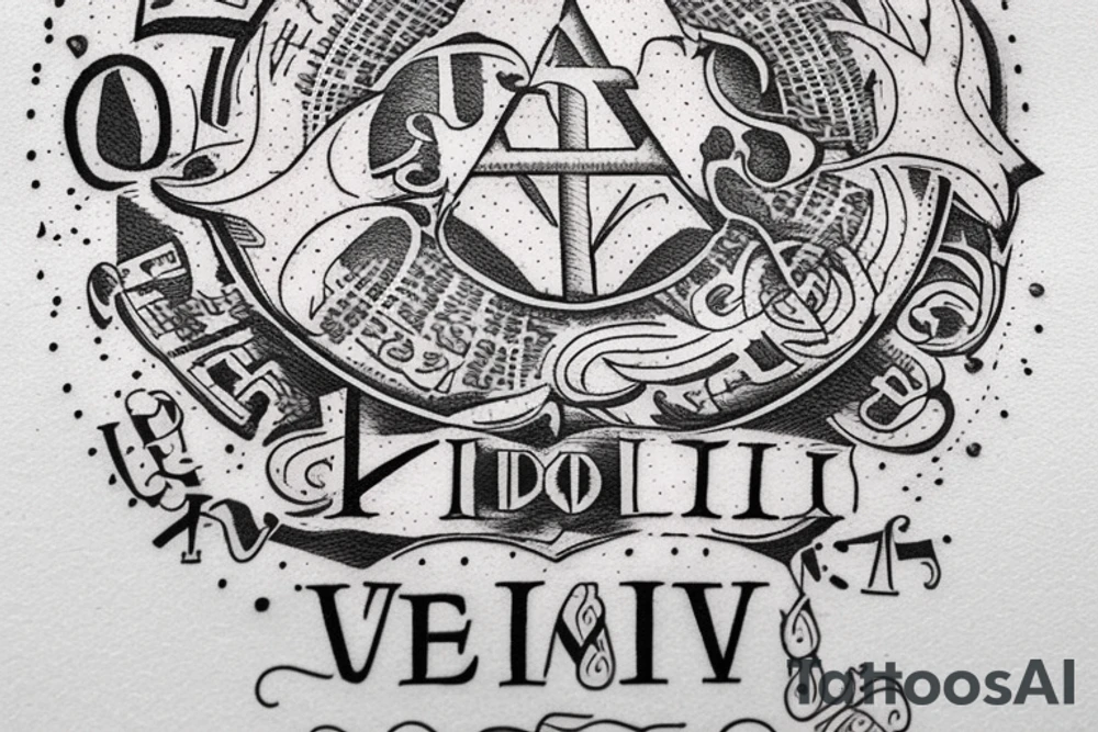 In typewriter font, quote "veni, vidi, vici" with vatican symbols surrounding it tattoo idea