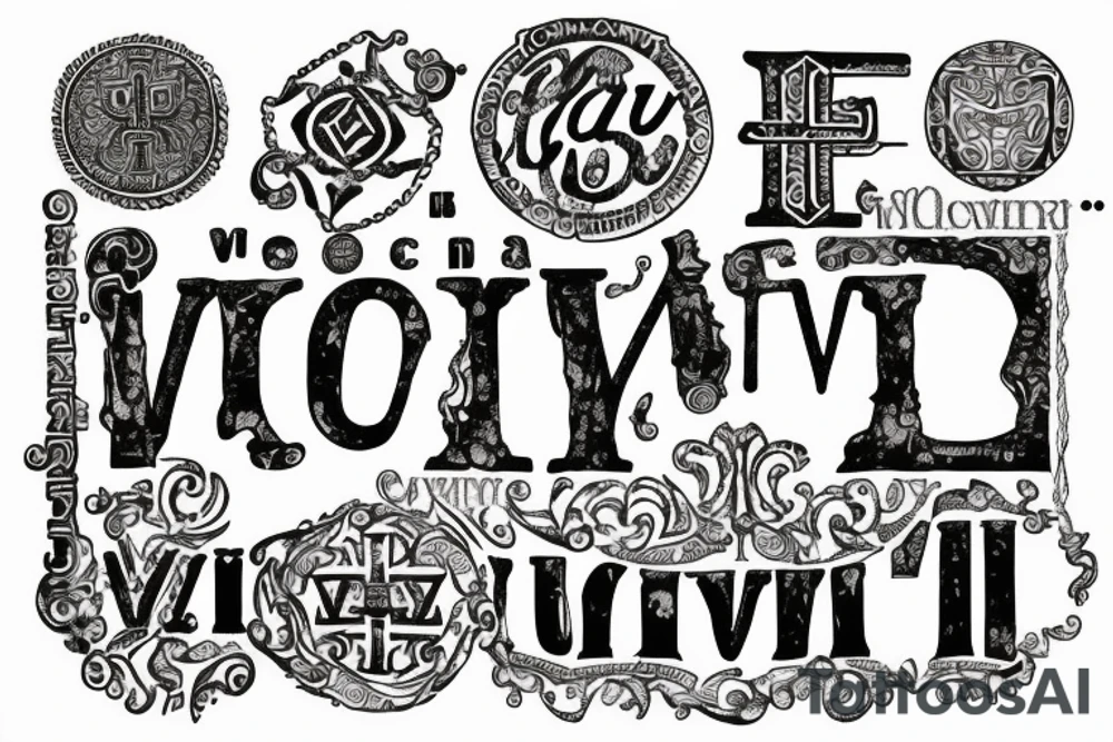 In typewriter font, quote "veni, vidi, vici" with vatican symbols surrounding it tattoo idea