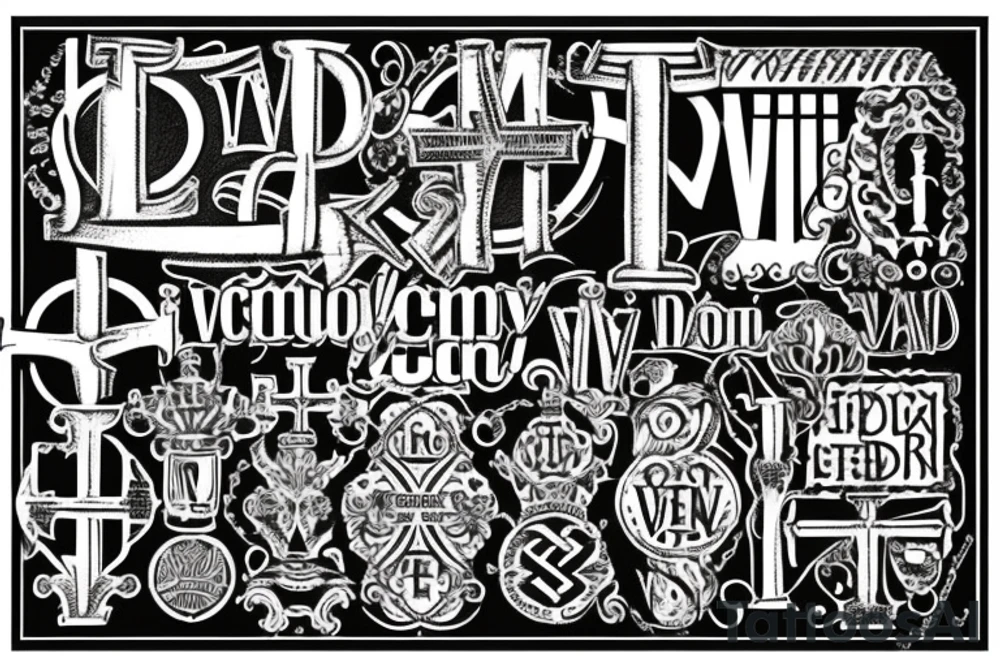In typewriter font, quote "veni, vidi, vici" with vatican symbols surrounding it tattoo idea