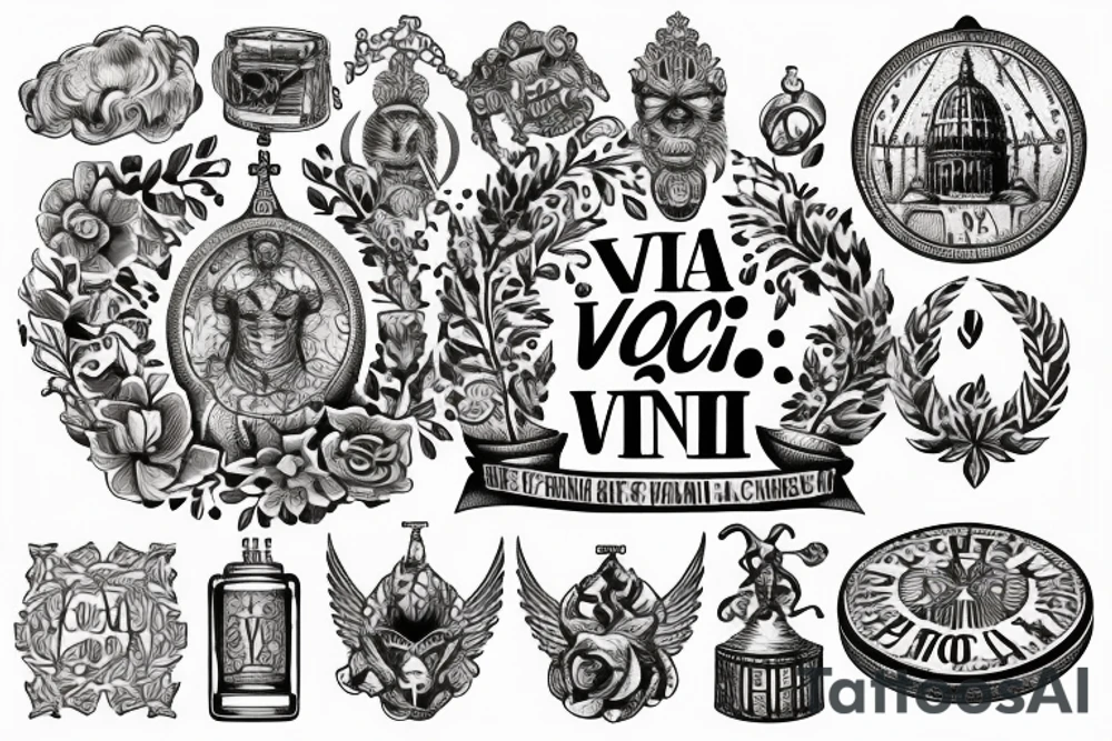 In typewriter font, quote "veni, vidi, vici" with vatican symbols surrounding it tattoo idea