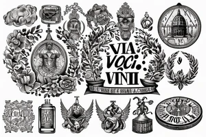 In typewriter font, quote "veni, vidi, vici" with vatican symbols surrounding it tattoo idea