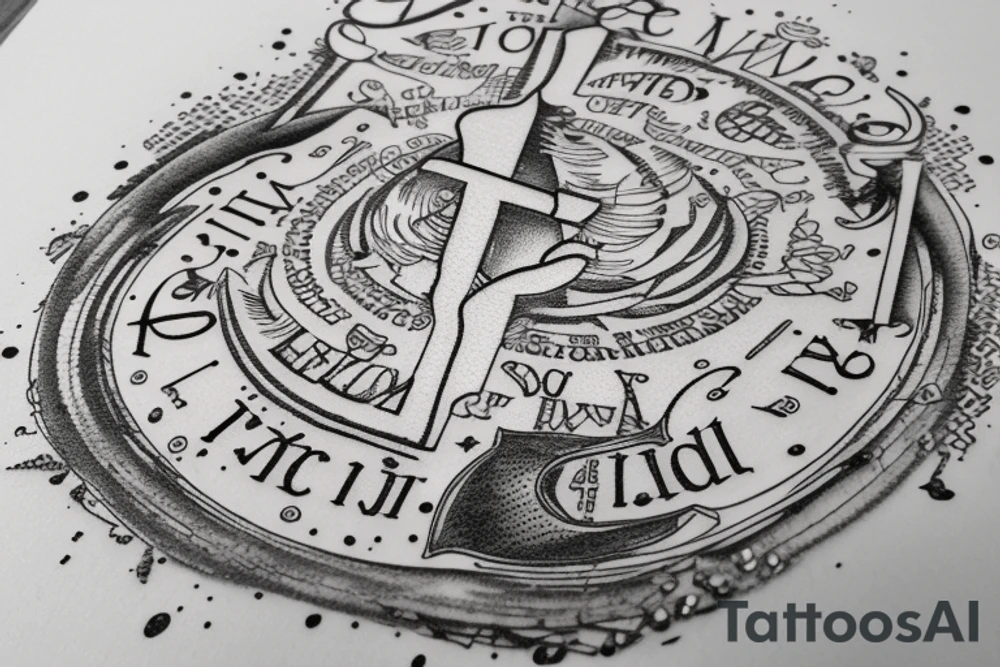 In typewriter font, quote "veni, vidi, vici" with vatican symbols surrounding it tattoo idea