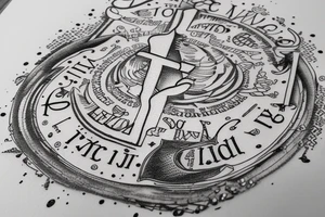 In typewriter font, quote "veni, vidi, vici" with vatican symbols surrounding it tattoo idea