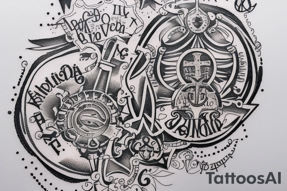 In typewriter font, quote "veni, vidi, vici" with vatican symbols surrounding it tattoo idea