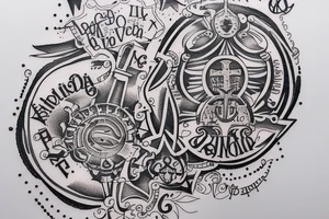 In typewriter font, quote "veni, vidi, vici" with vatican symbols surrounding it tattoo idea