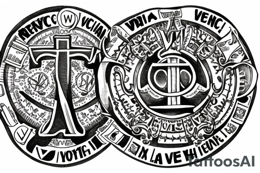 In typewriter font, quote "veni, vidi, vici" with vatican symbols surrounding it tattoo idea