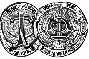 In typewriter font, quote "veni, vidi, vici" with vatican symbols surrounding it tattoo idea