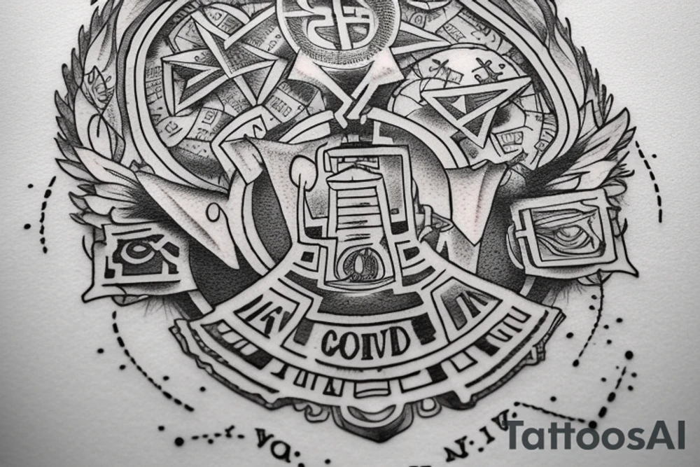 In typewriter font, quote "veni, vidi, vici" with vatican symbols surrounding it tattoo idea