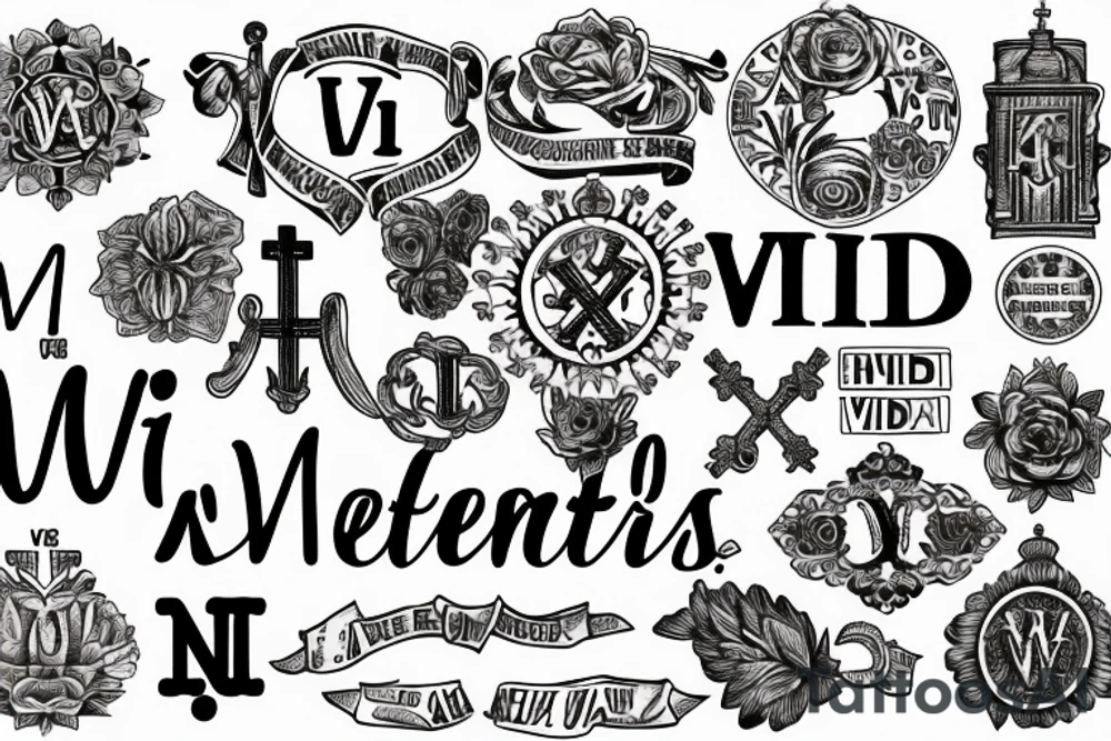 In typewriter font, quote "veni, vidi, vici" with vatican symbols surrounding it tattoo idea