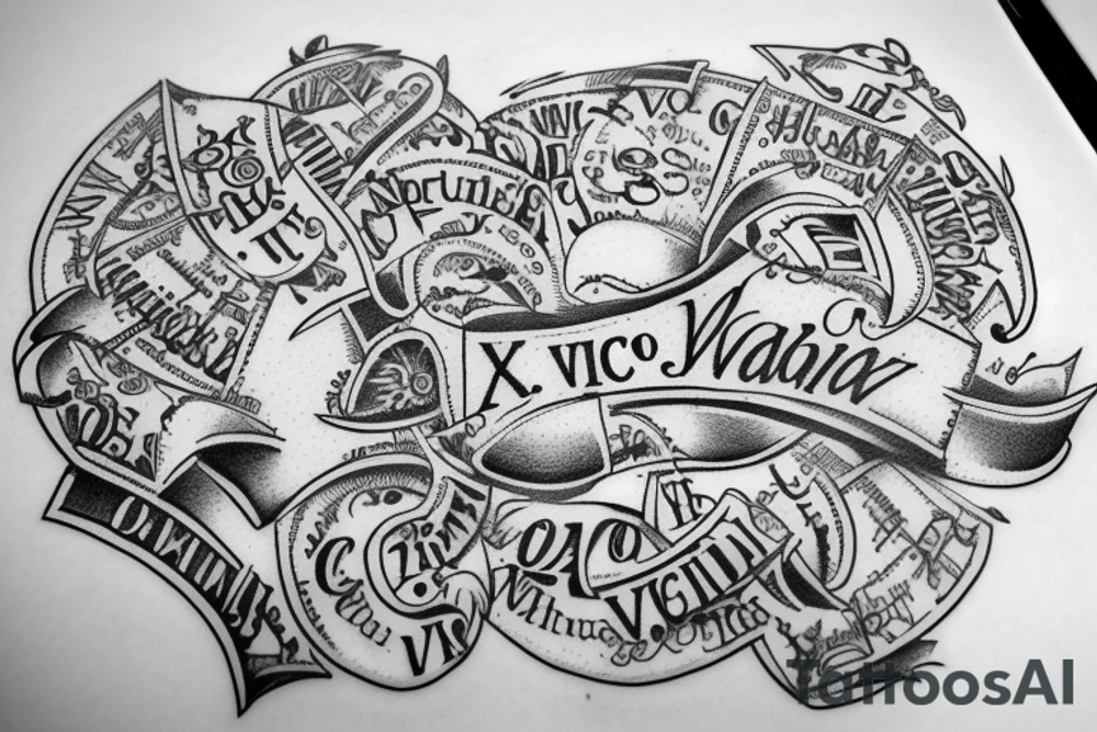 In typewriter font, quote "veni, vidi, vici" with vatican symbols surrounding it tattoo idea