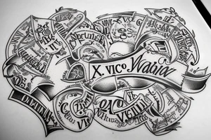 In typewriter font, quote "veni, vidi, vici" with vatican symbols surrounding it tattoo idea